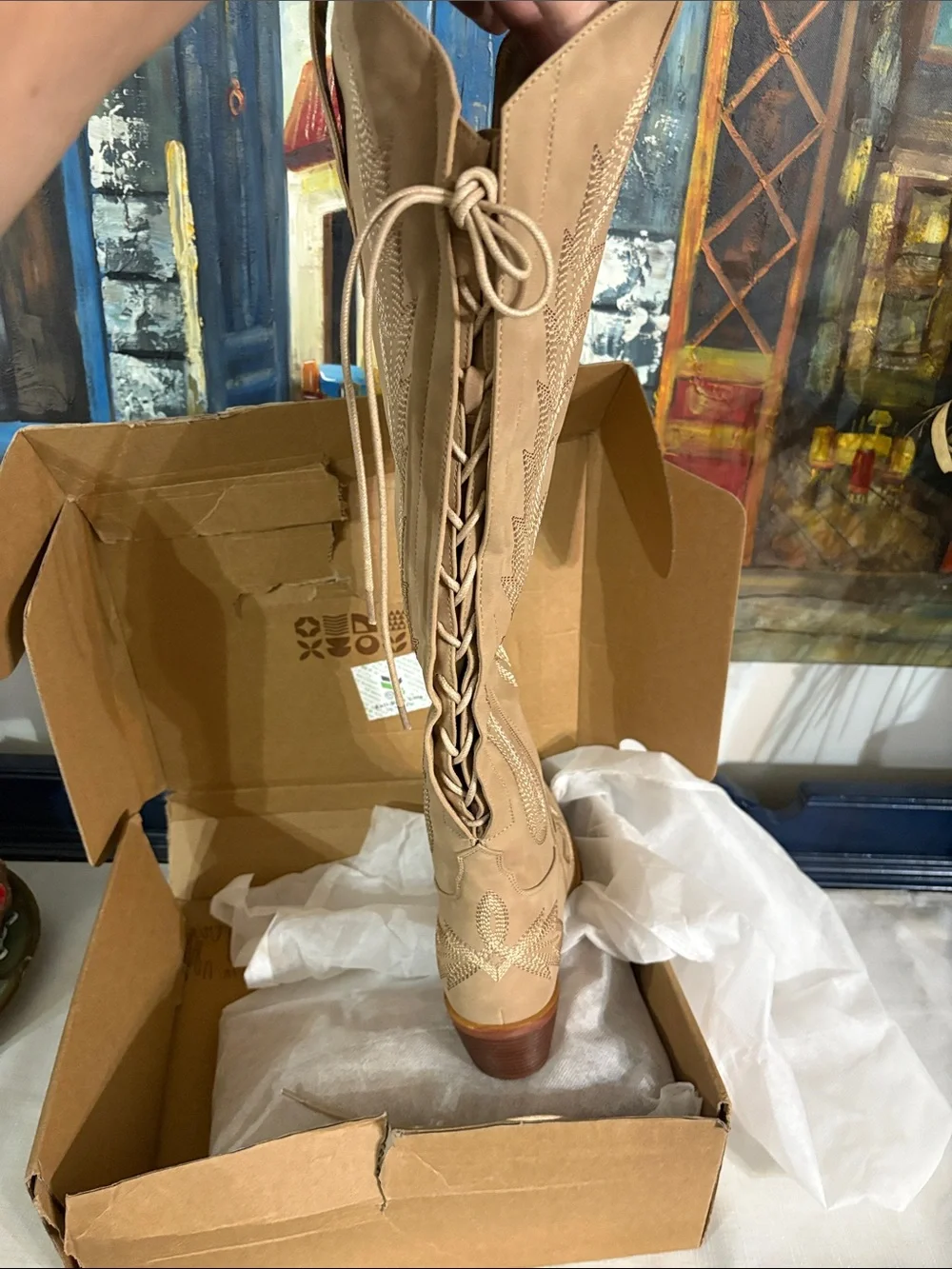 Women’s Beige Embroidered Knee-High Western Boot NIB Size 8.5